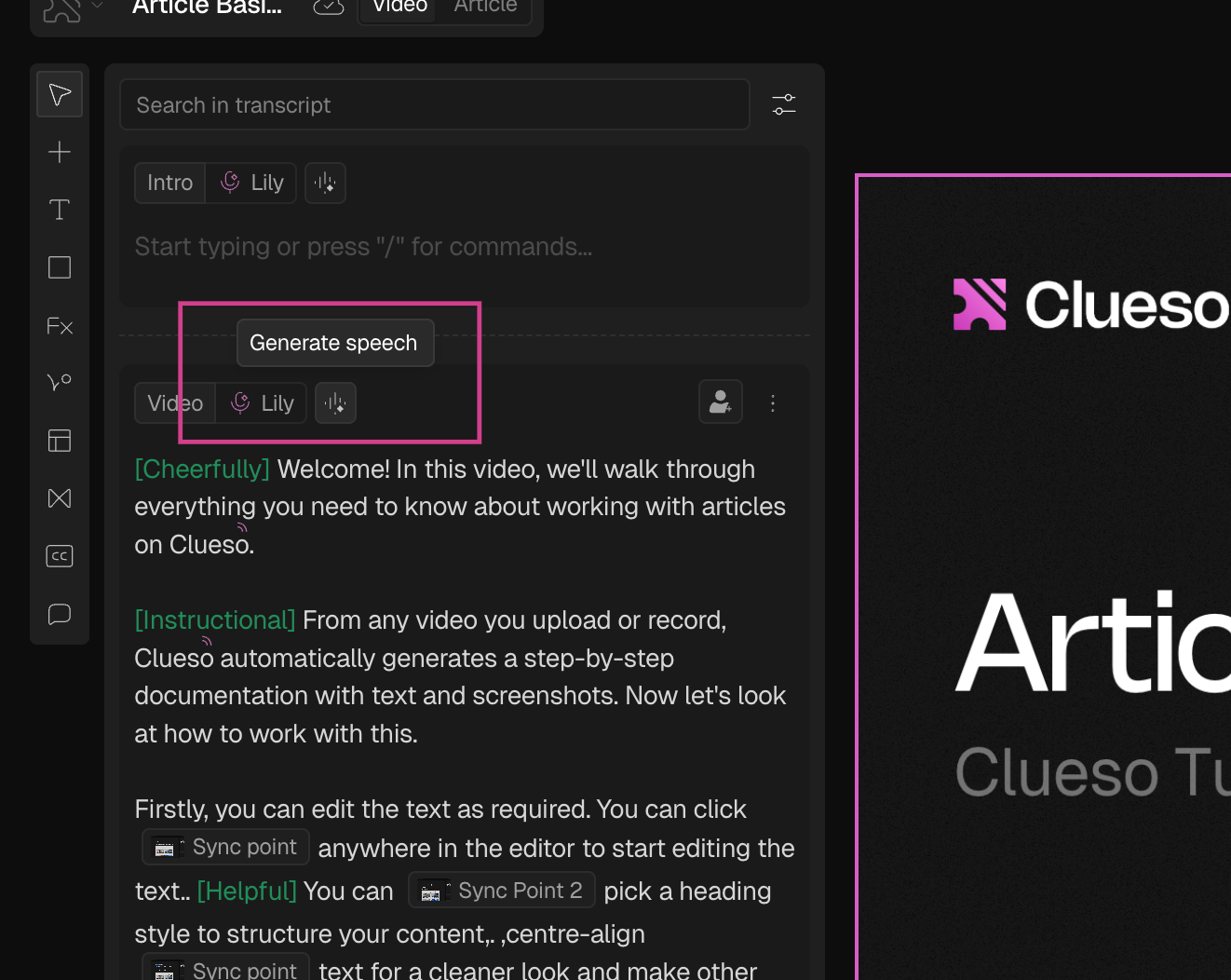 Generating speech - Clueso Docs