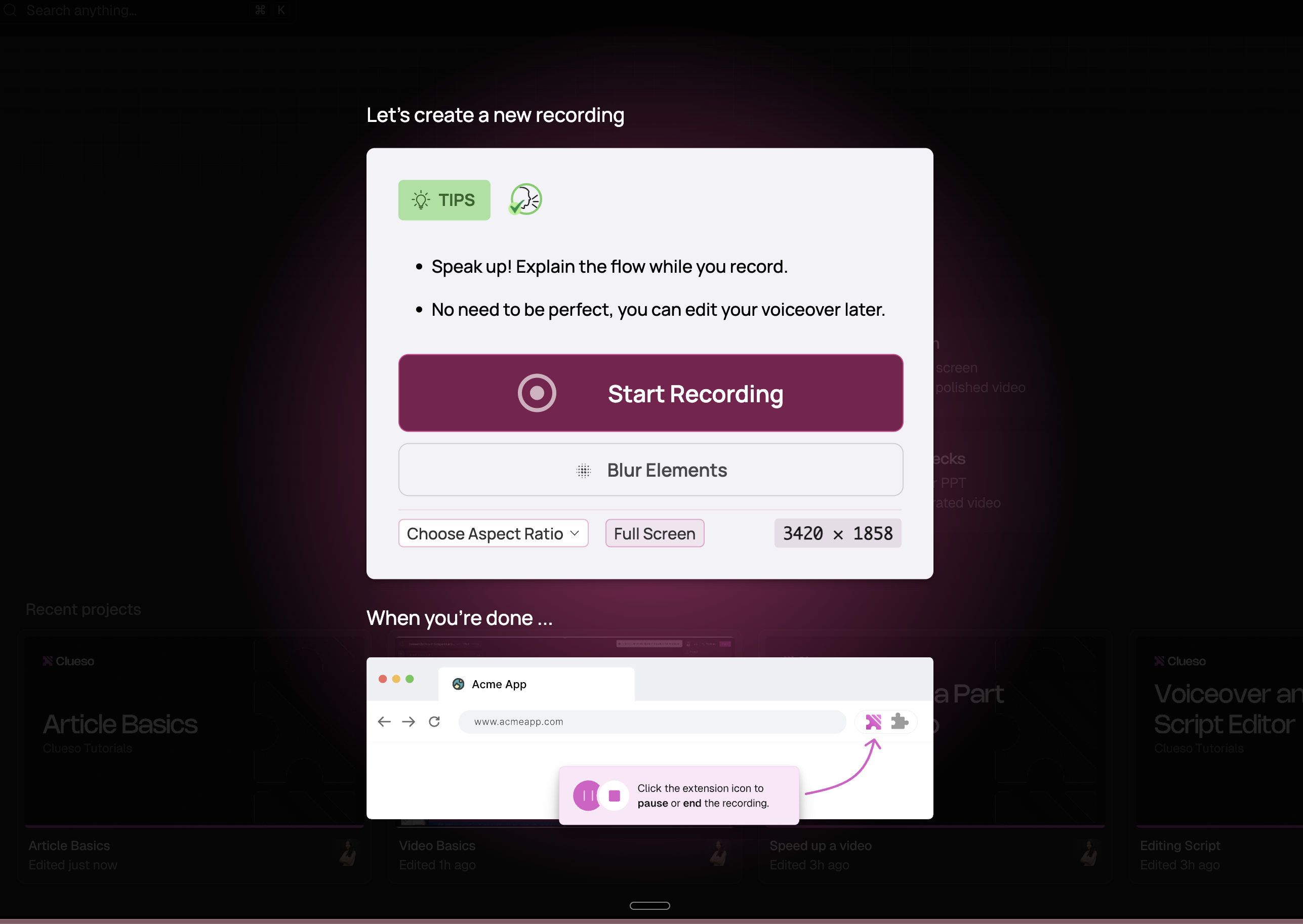 Record screen - Clueso Docs