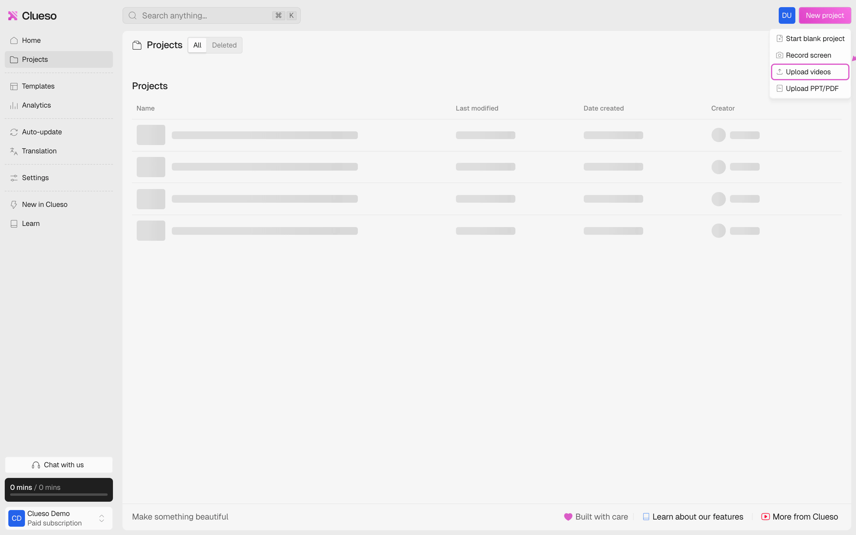 Upload videos in the New project menu