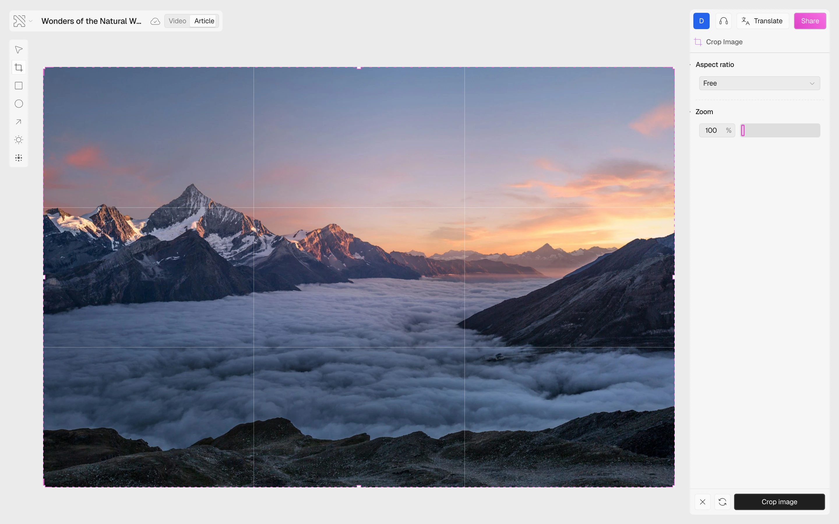 Crop panel with Zoom slider