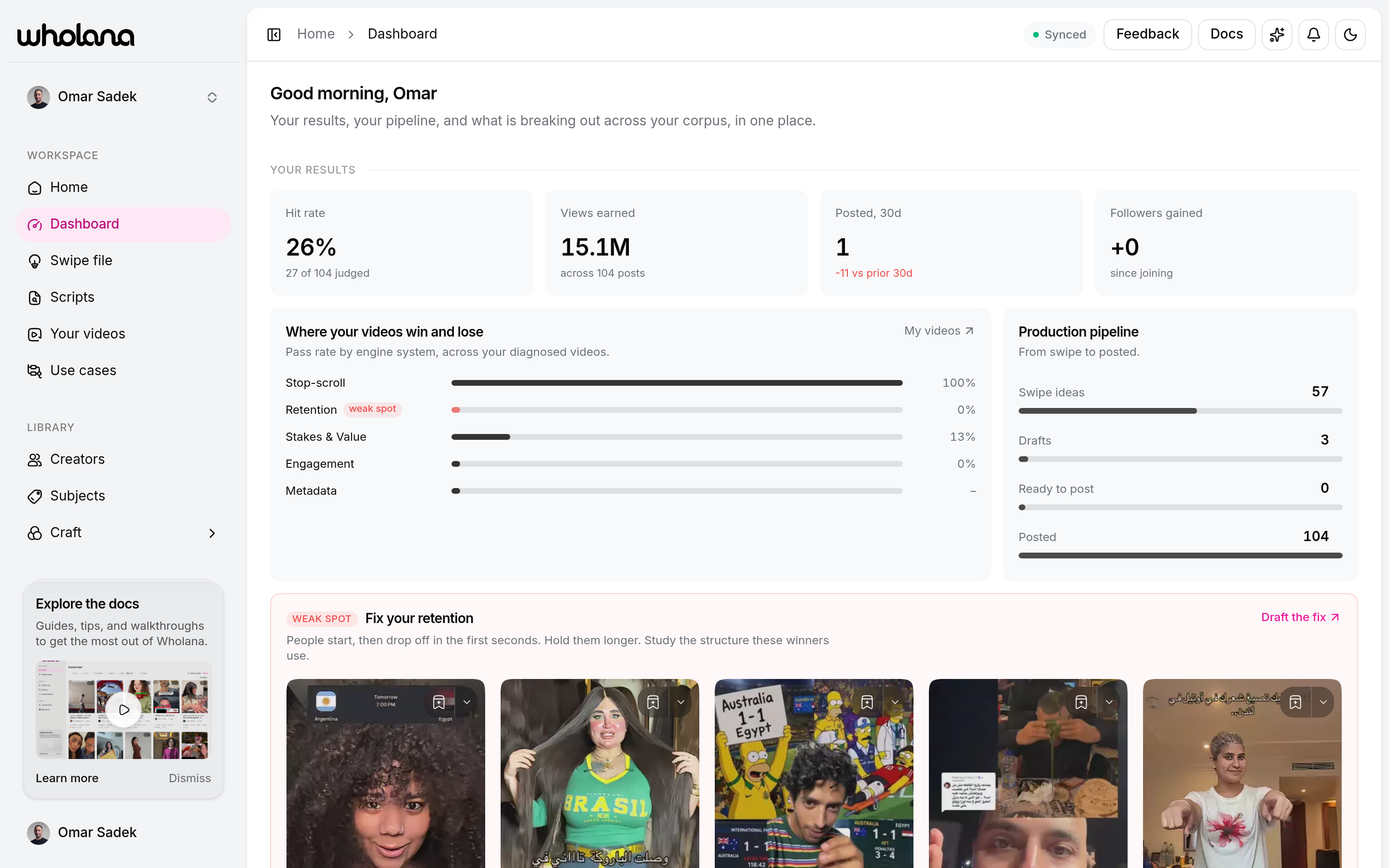 The Wholana Dashboard showing hero stats, a craft scorecard, the production pipeline, and breakout videos
