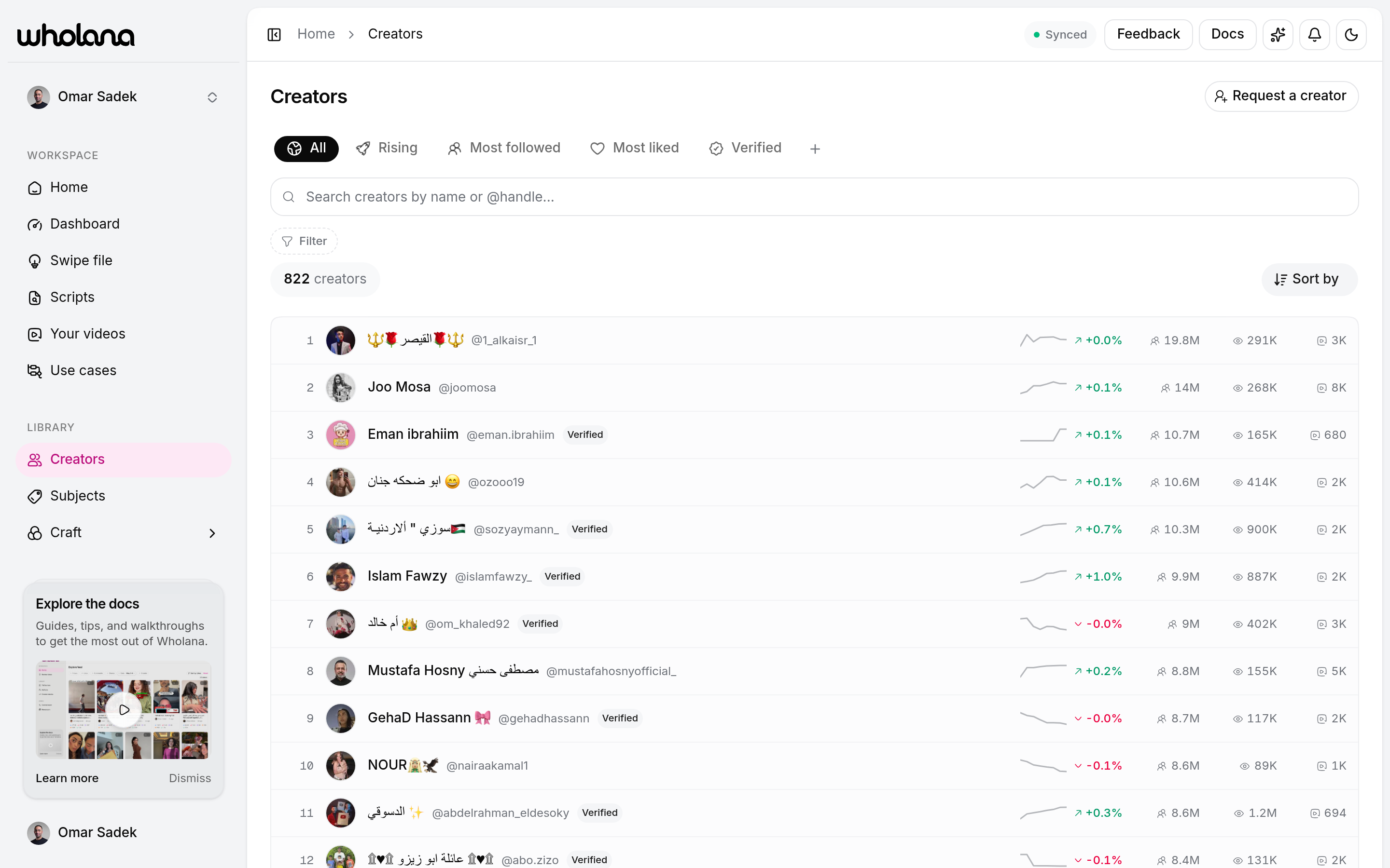 The Creators list showing tracked TikTok creators with follower and engagement metrics