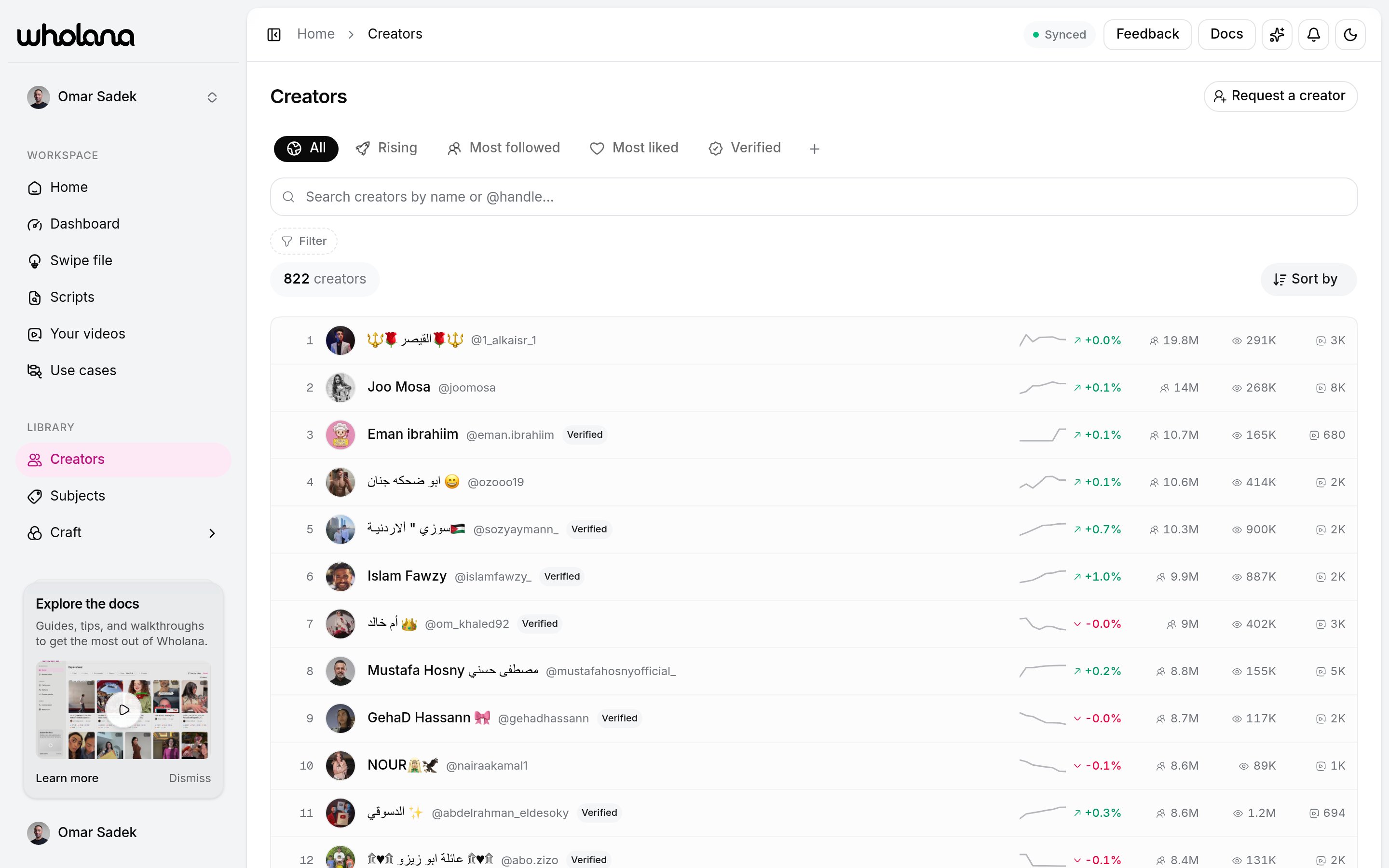 The Creators list showing tracked TikTok creators with follower and engagement metrics