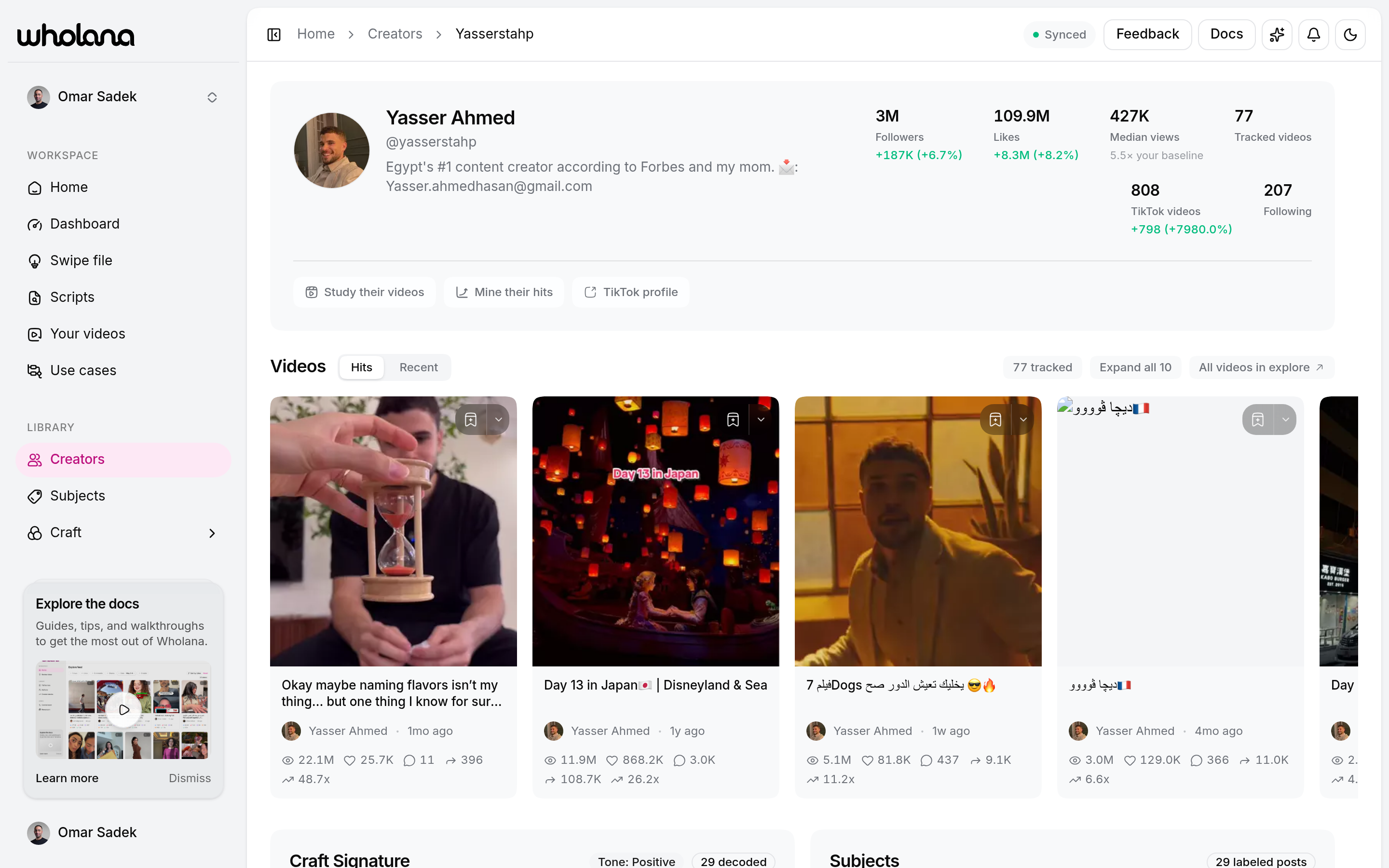 A creator's page showing stats, growth charts, and their craft signature