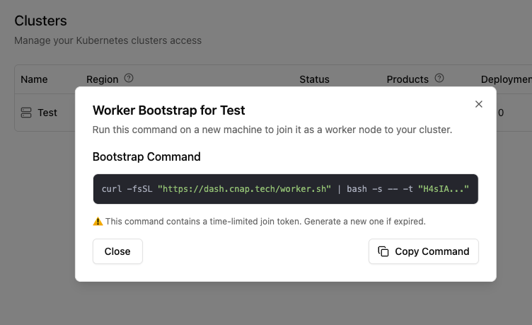 Infrastructure setup command in dashboard