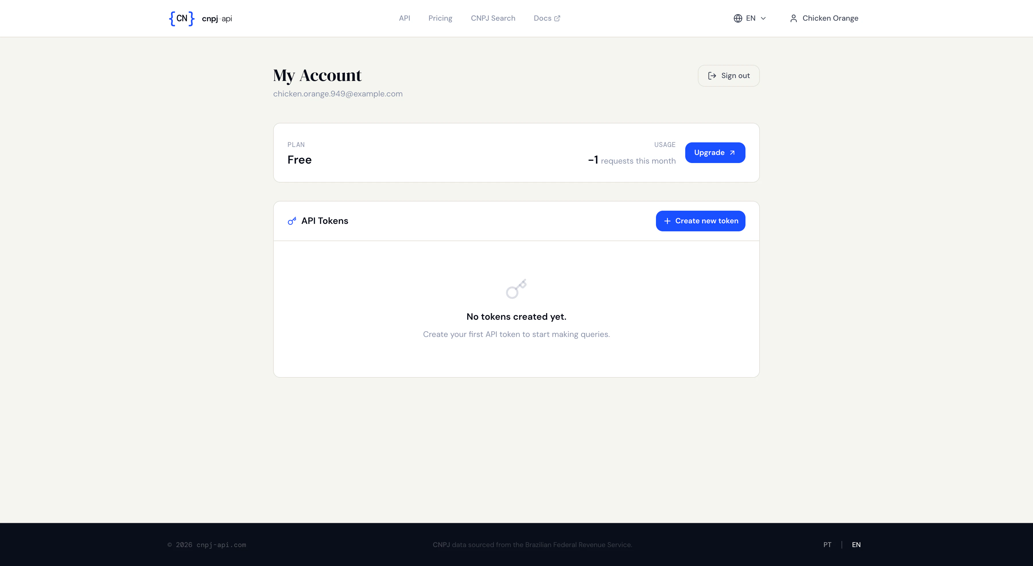 My Account page with token management