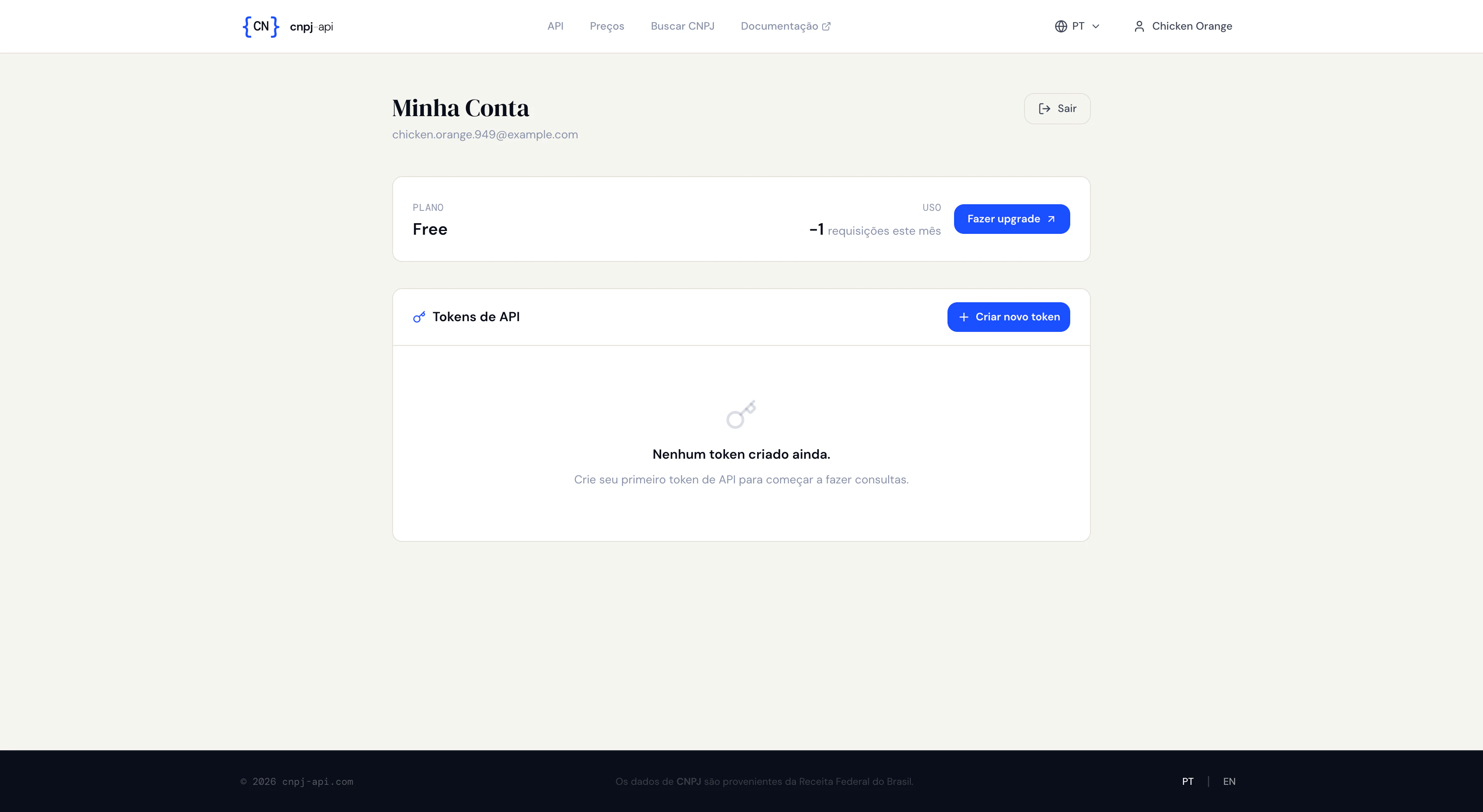 Página Minha Conta com gerenciamento de tokens
