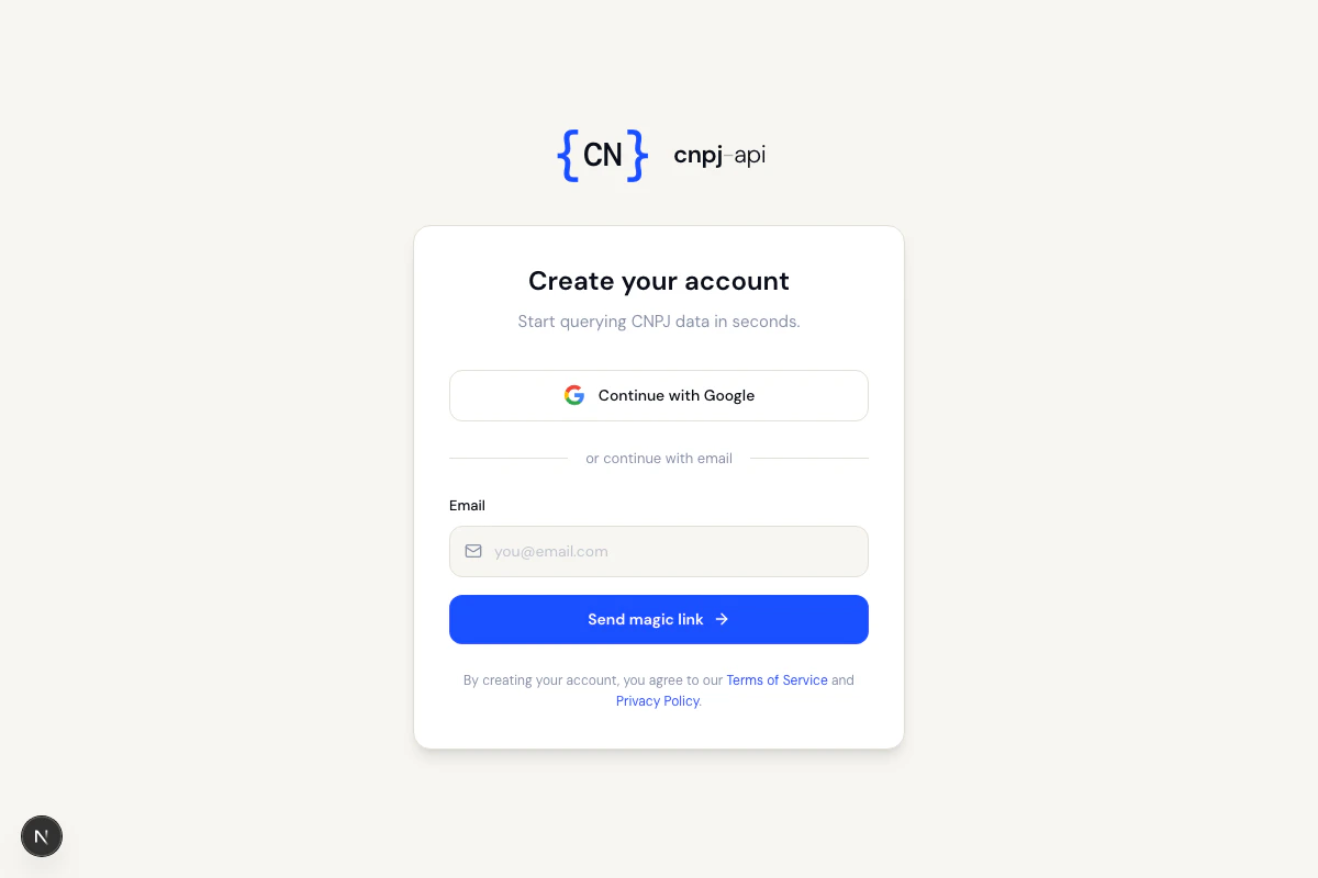 Sign up page