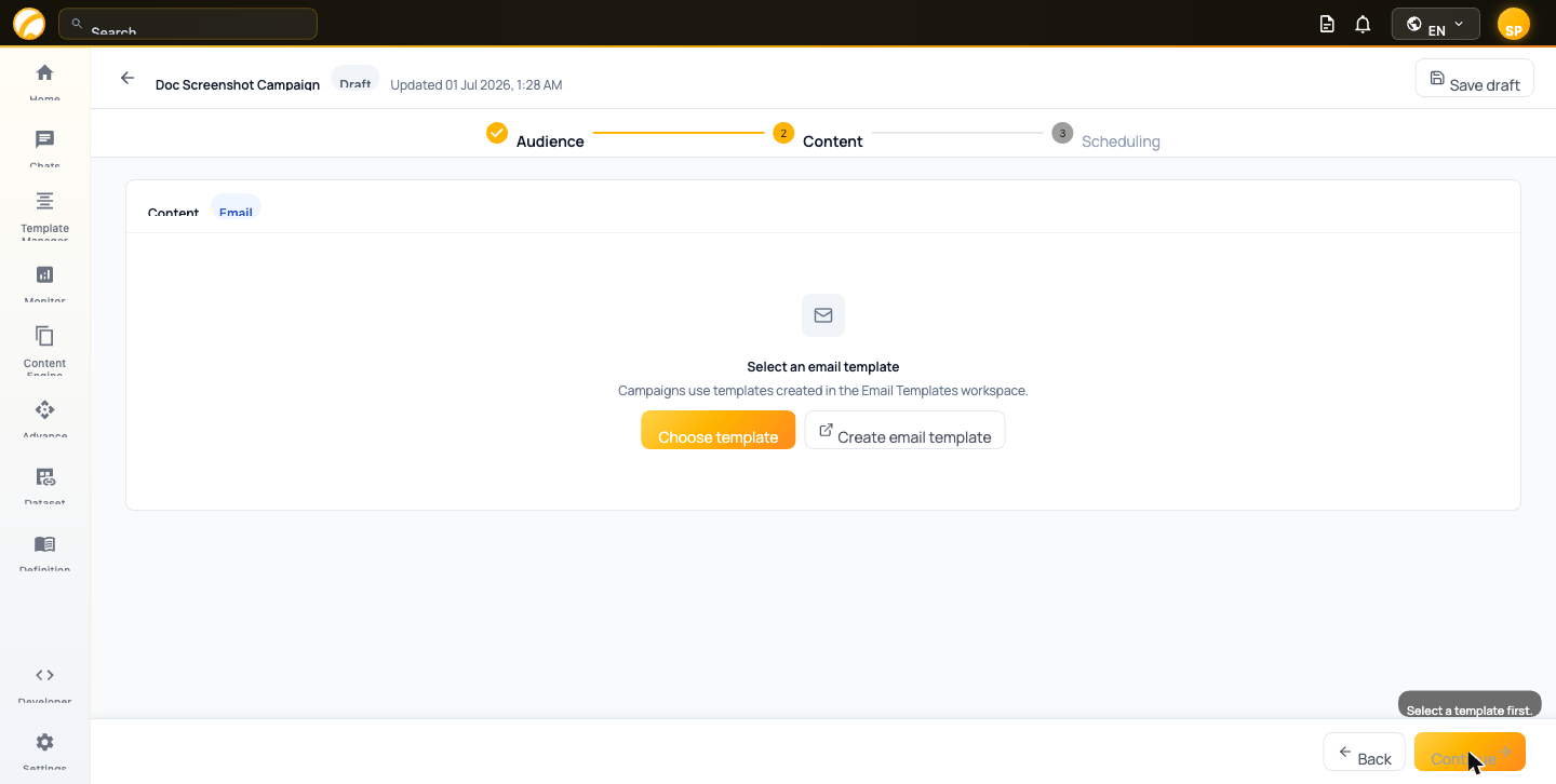 Content step — select a template