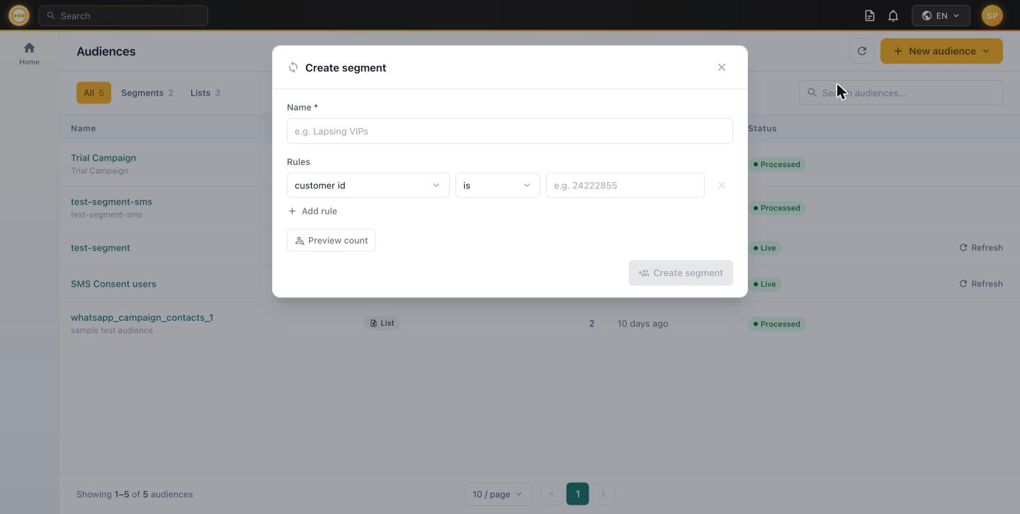 Create segment dialog