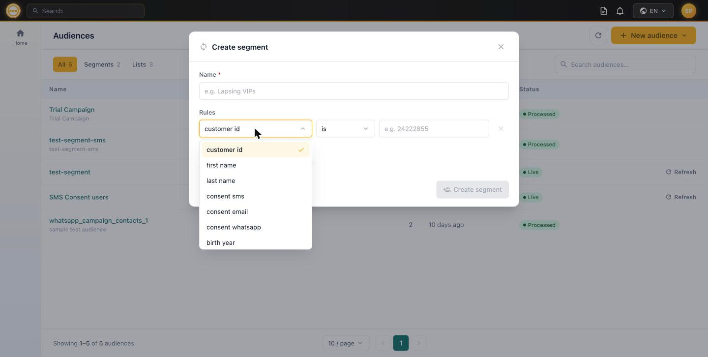 Rule builder field and operator dropdowns