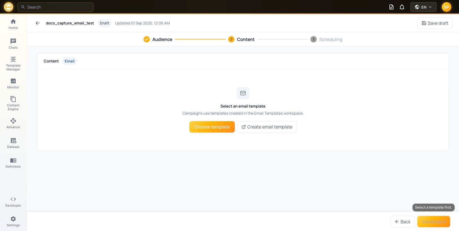 Content step — select a template