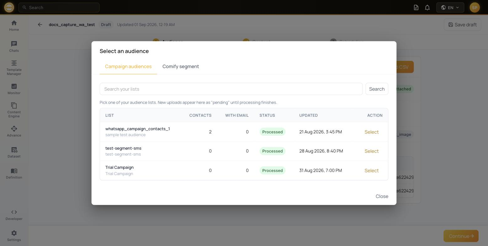 WhatsApp campaign audience picker