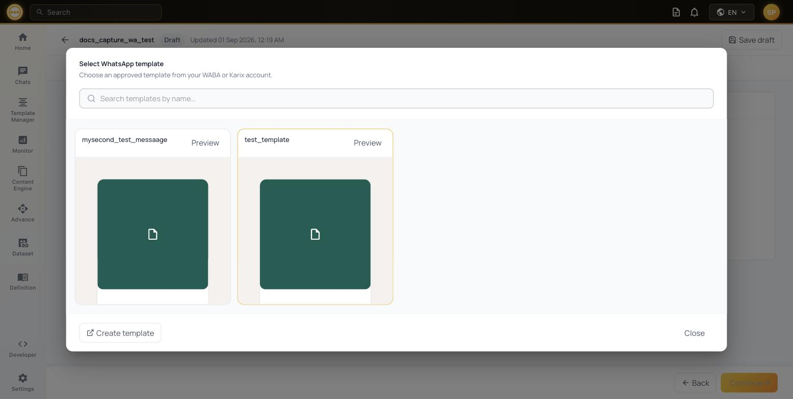 WhatsApp campaign template picker