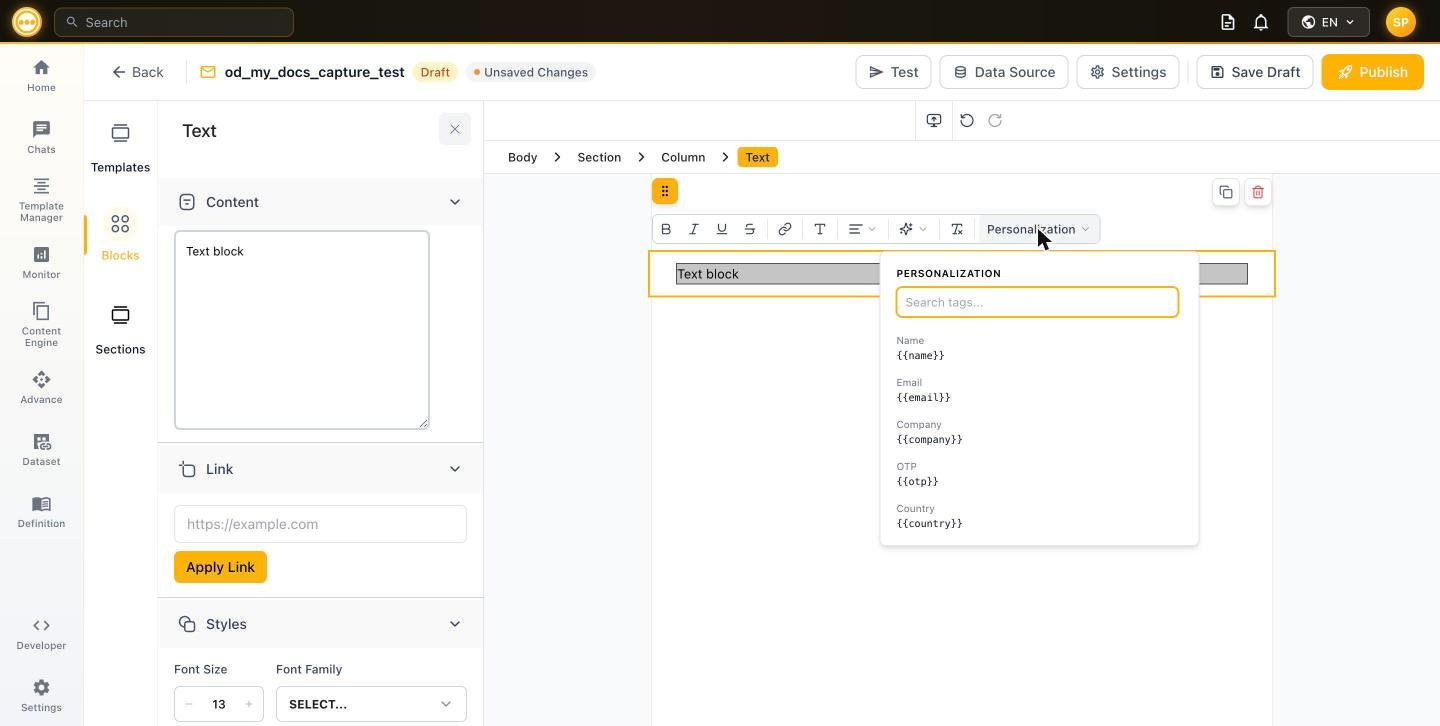 Personalization dropdown