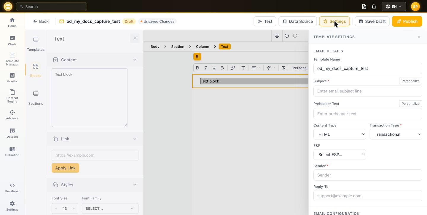 Template Settings panel