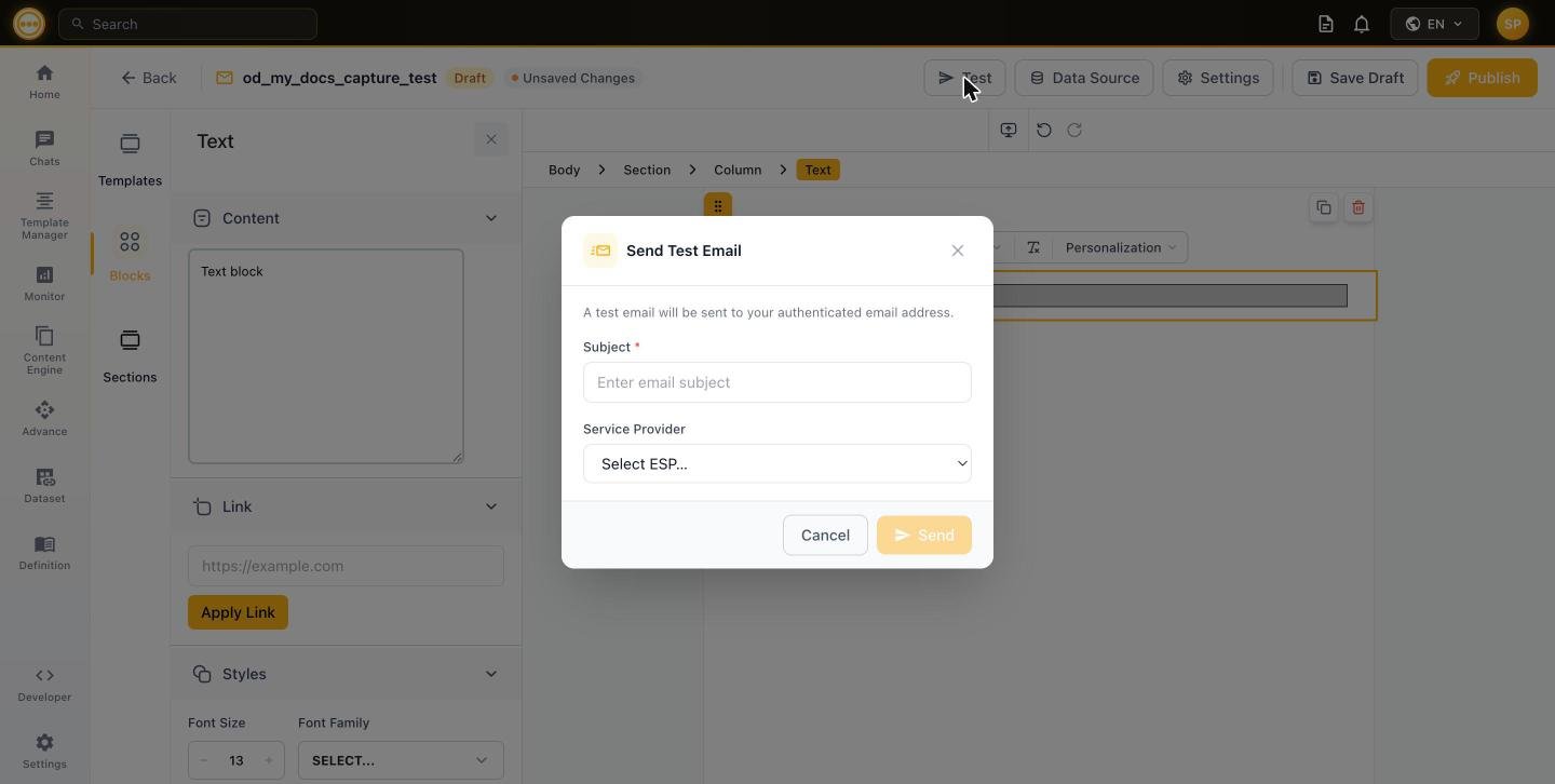 Send Test Email dialog
