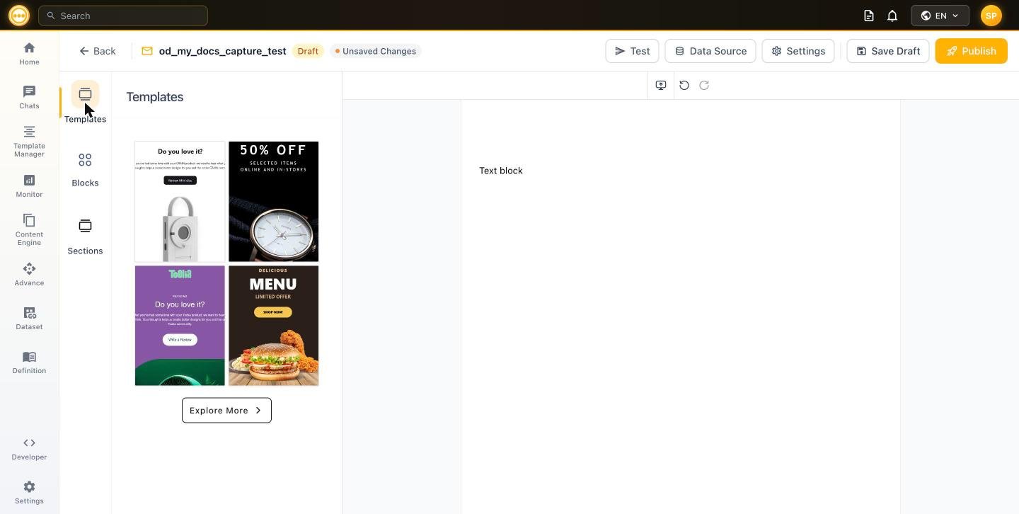 Templates and Sections tabs
