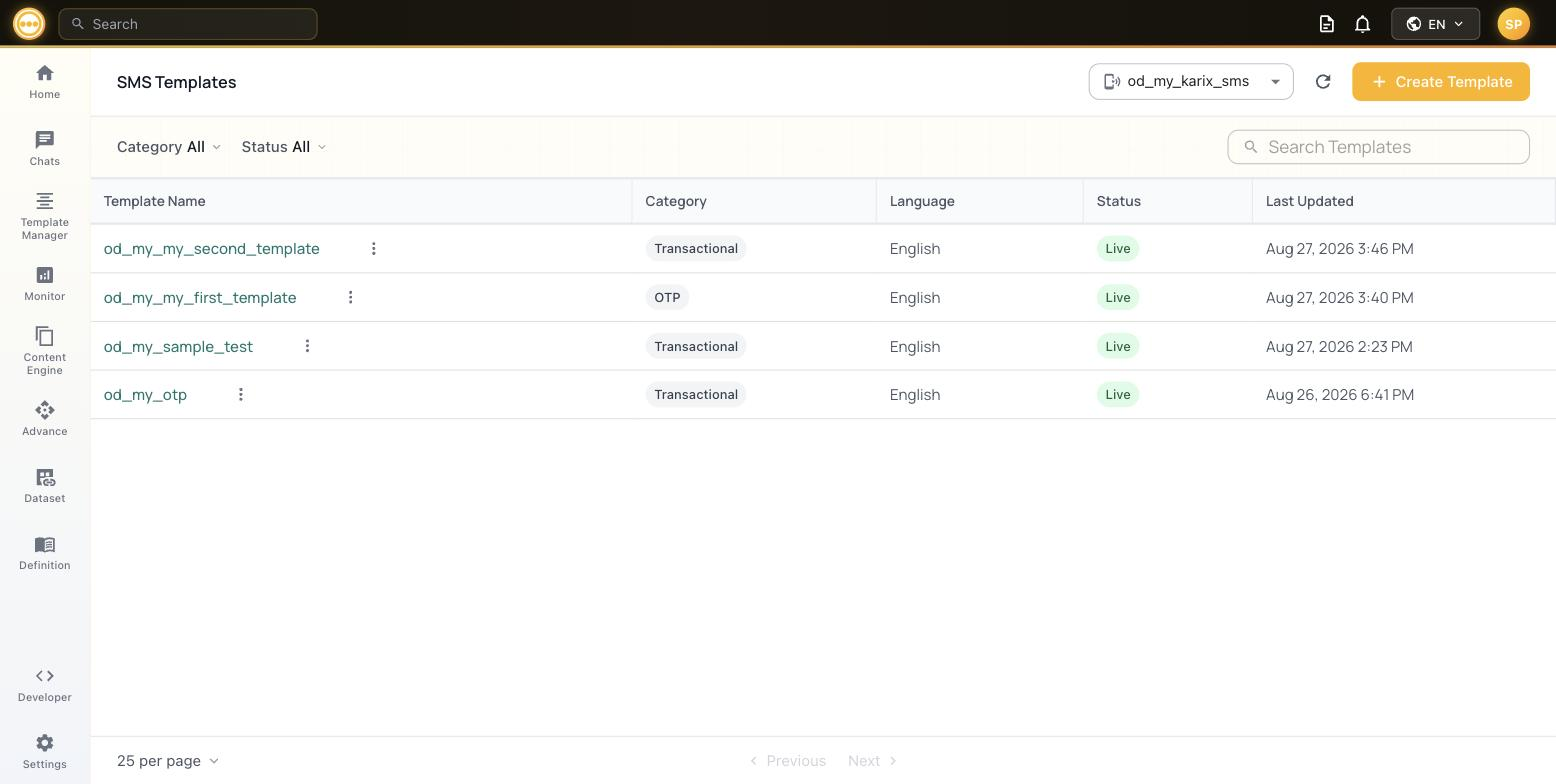 SMS Templates list