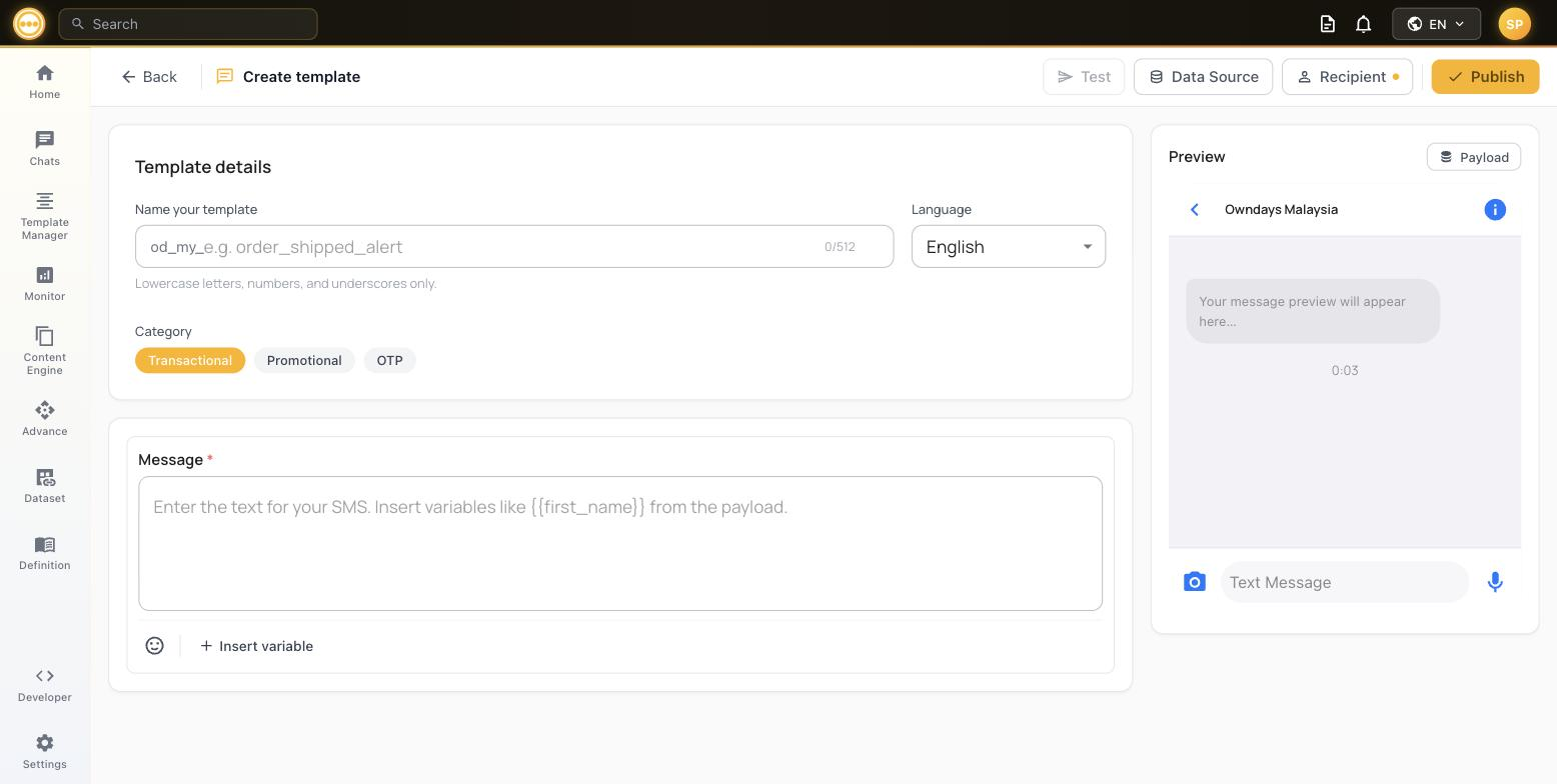SMS create template form