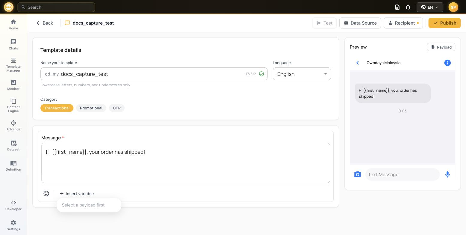 SMS variable insertion and test controls
