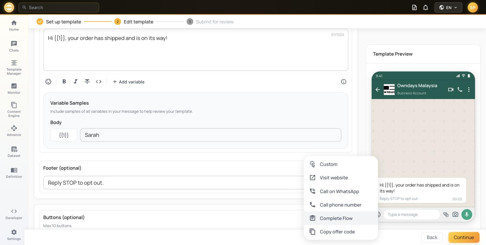WhatsApp footer and buttons