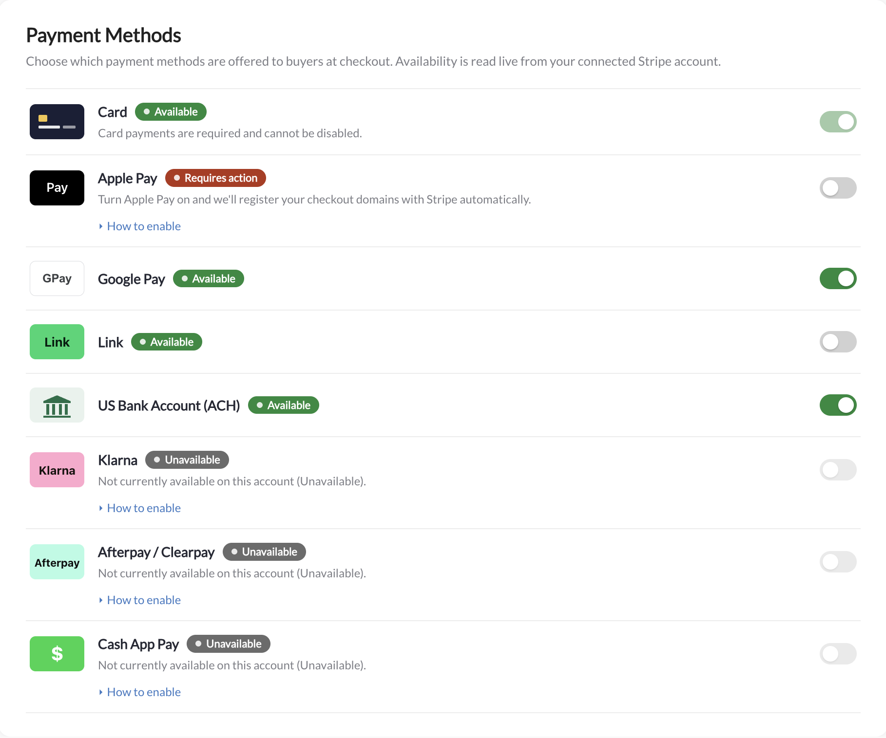 Checkout payment methods showing available, requires-action, and unavailable states