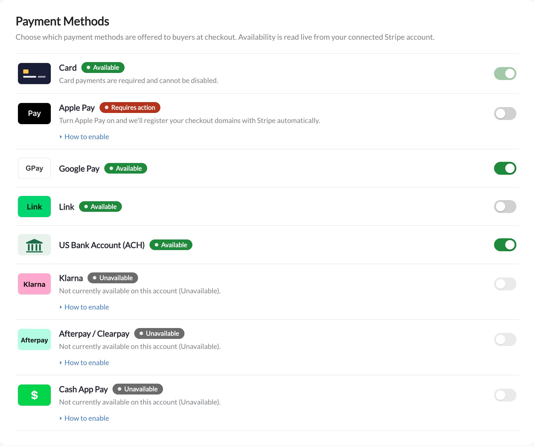 Checkout payment methods showing available, requires-action, and unavailable states