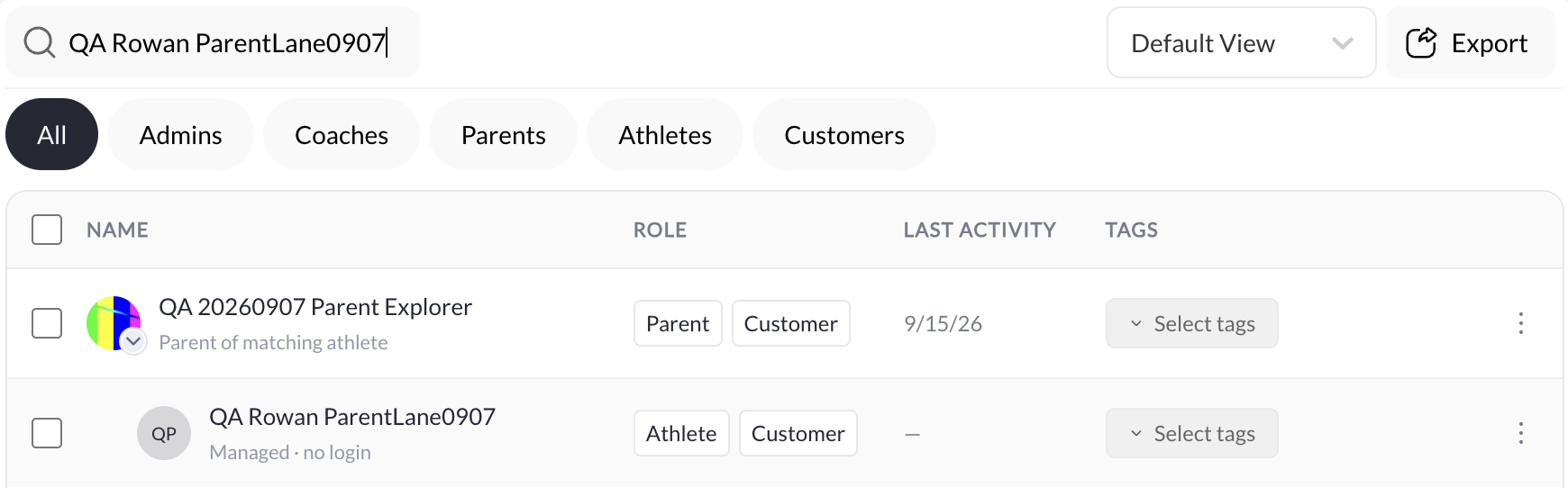 Searching for a managed athlete keeps the connected parent visible above the athlete