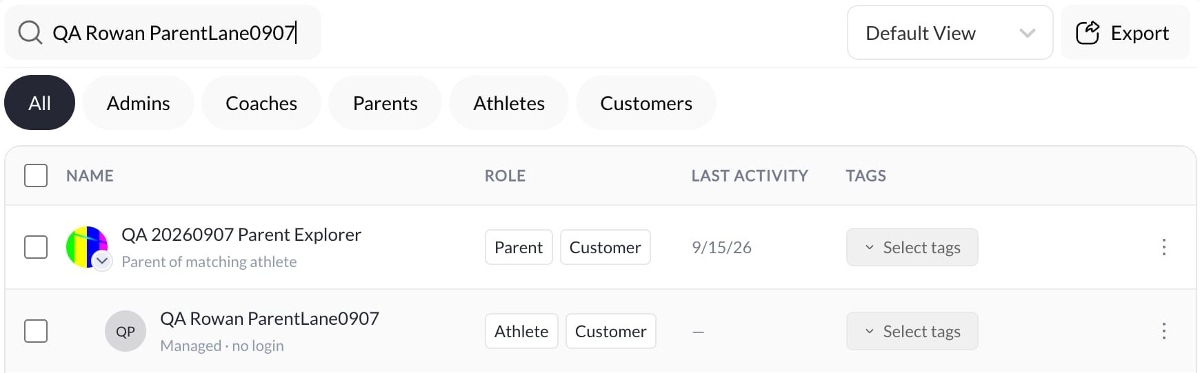 Searching for a managed athlete keeps the connected parent visible above the athlete