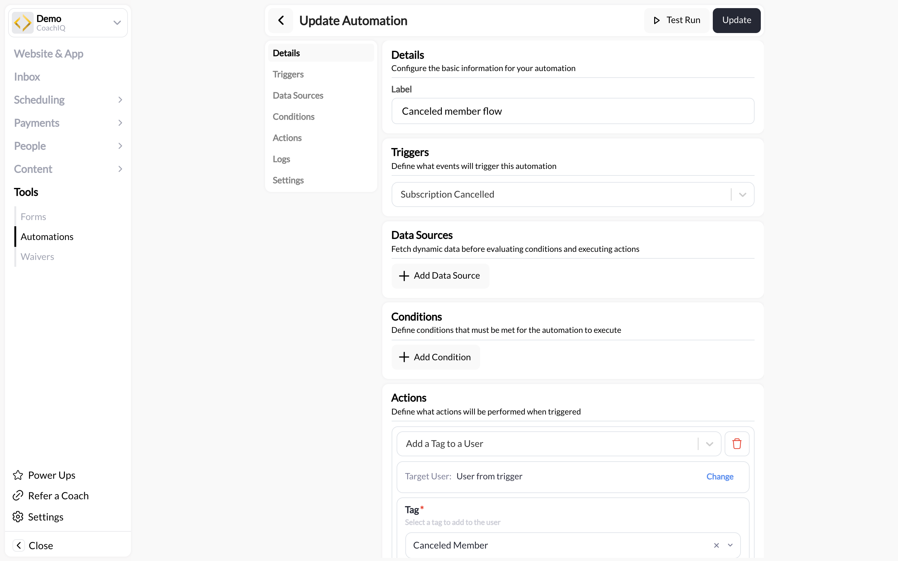 The automation builder: side menu, Details, Triggers and Data Sources sections