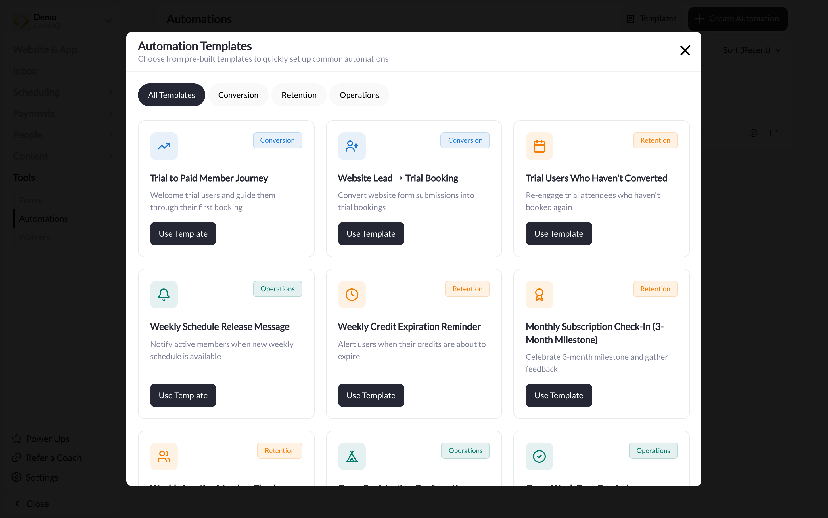 The Automation Templates modal with category tabs and Use Template buttons