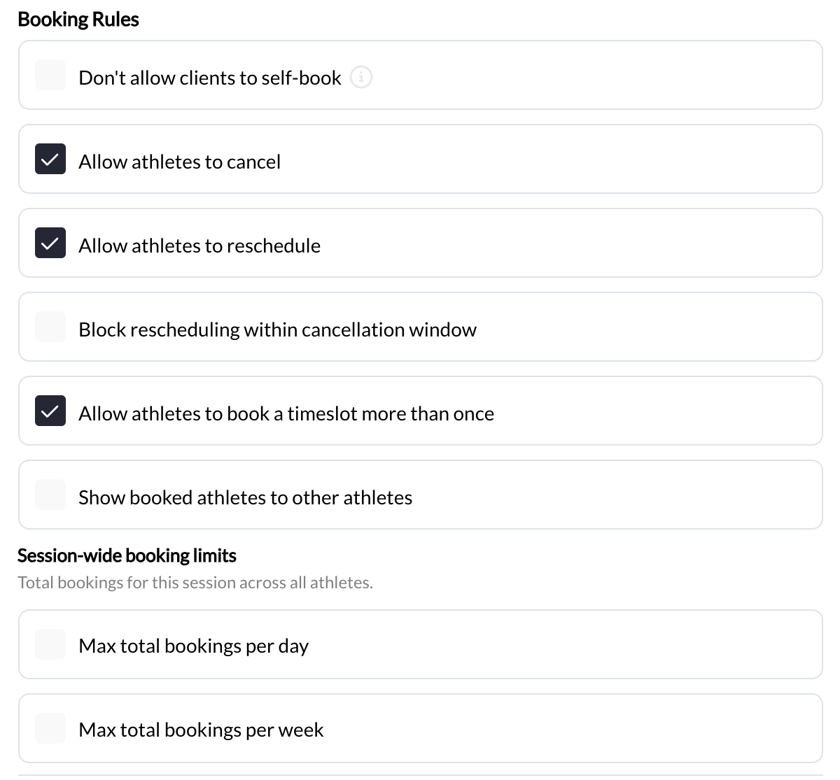 Booking limits configuration