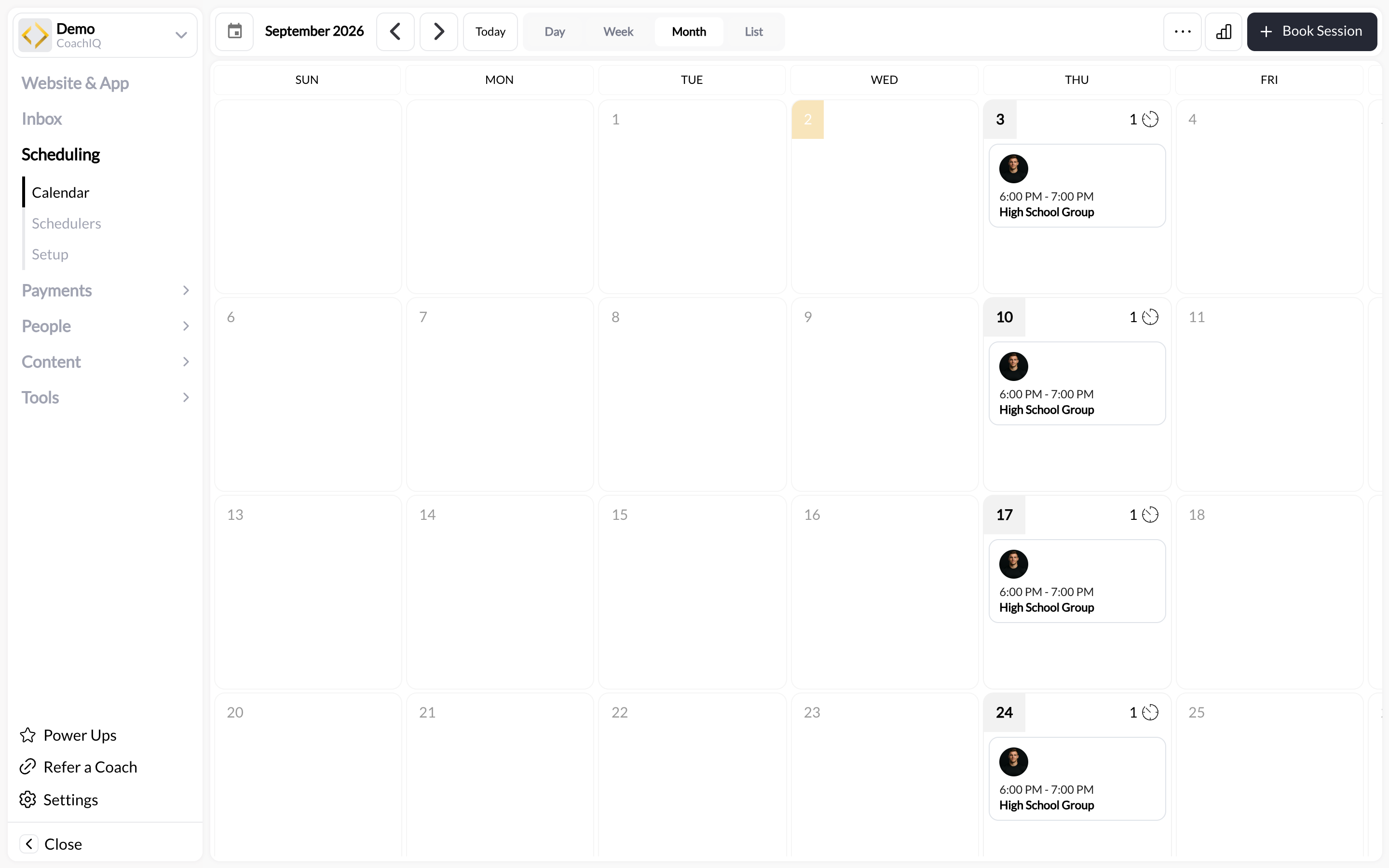 Calendar showing available sessions