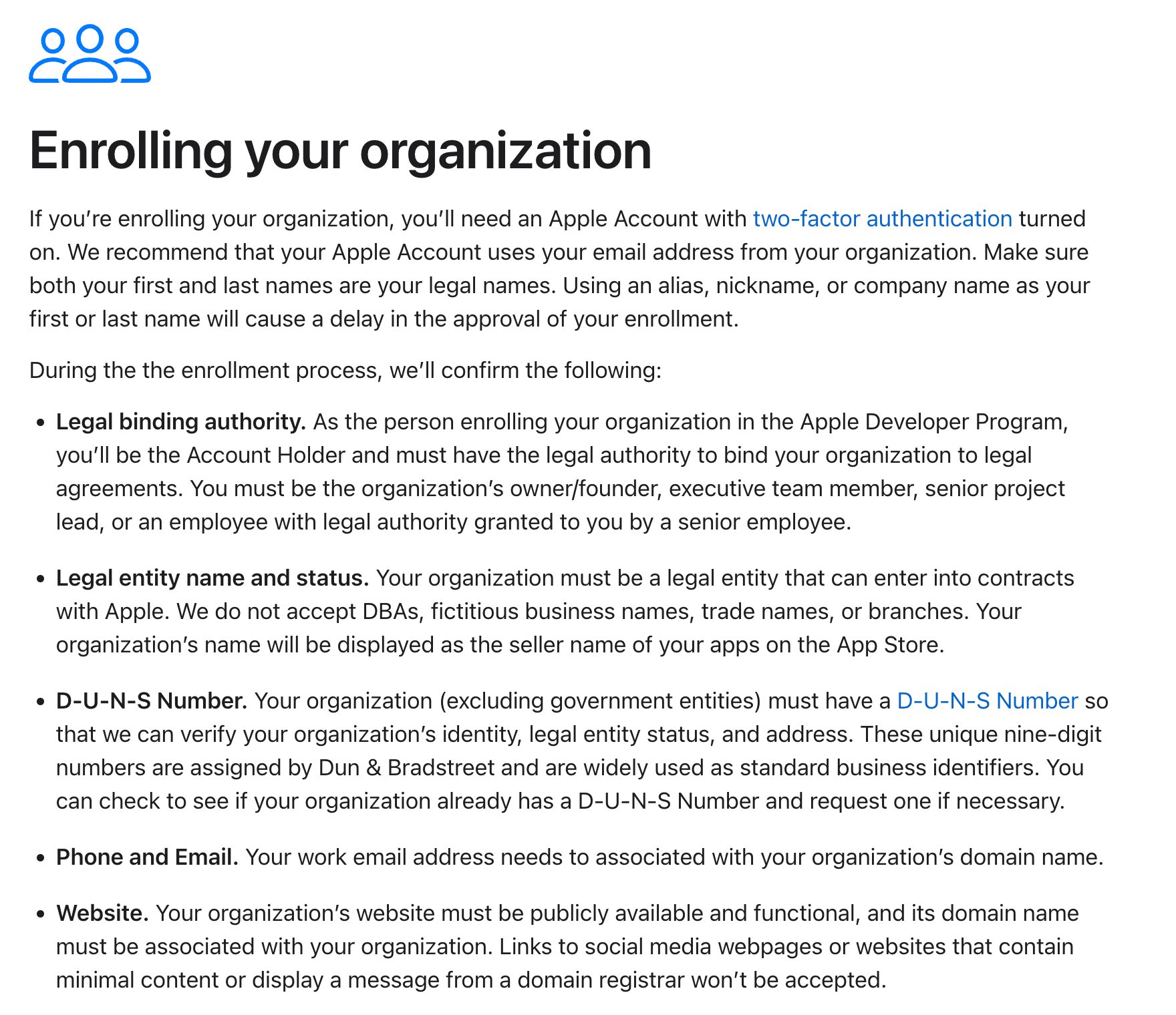 Apple Developer Program page showing Enrolling your organization and its business verification requirements