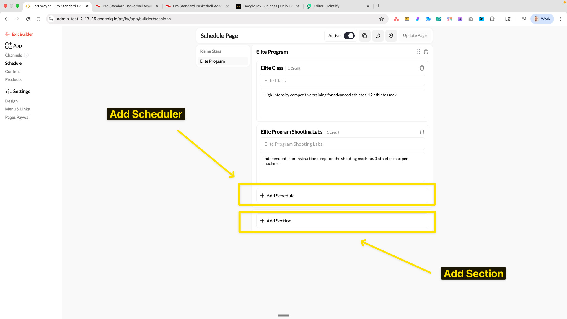 Add Section and Add Scheduler buttons in the Schedule page