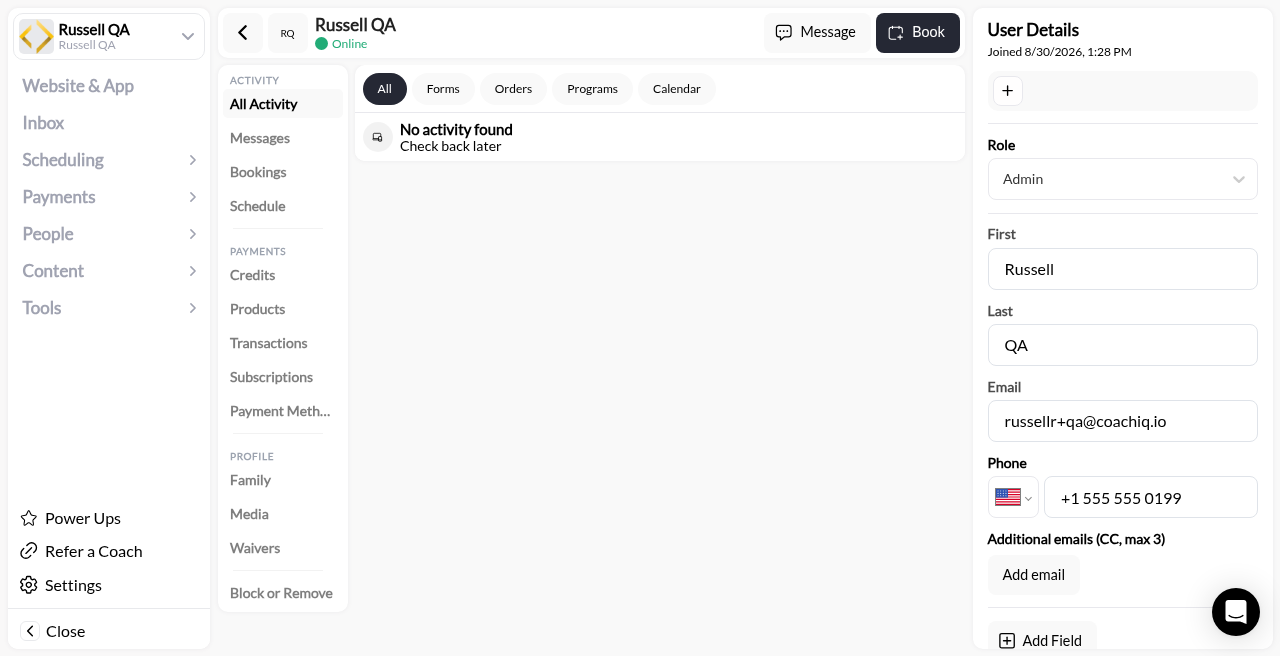 Admin staff User Details with Role Admin and no blocked-pages control