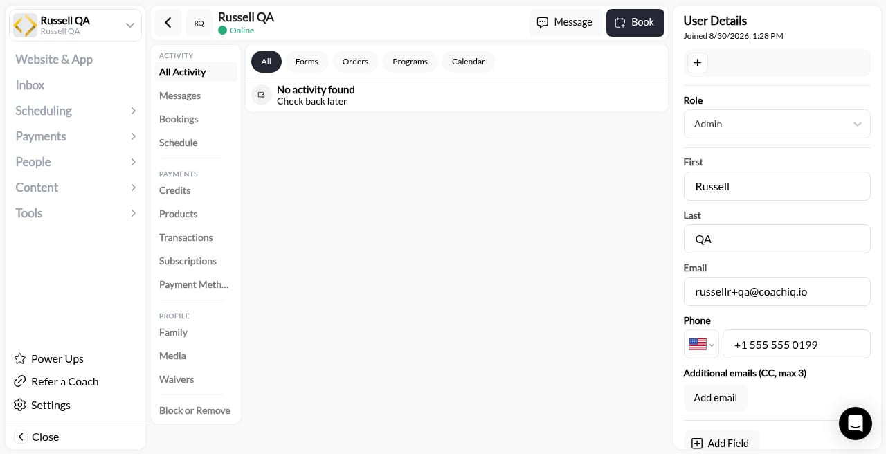 Admin staff User Details with Role Admin and no blocked-pages control