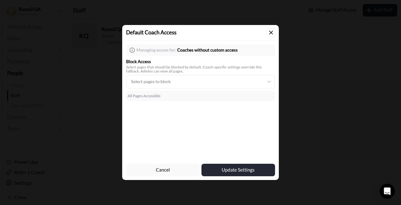 Default Coach Access: Coaches without custom access, Block Access