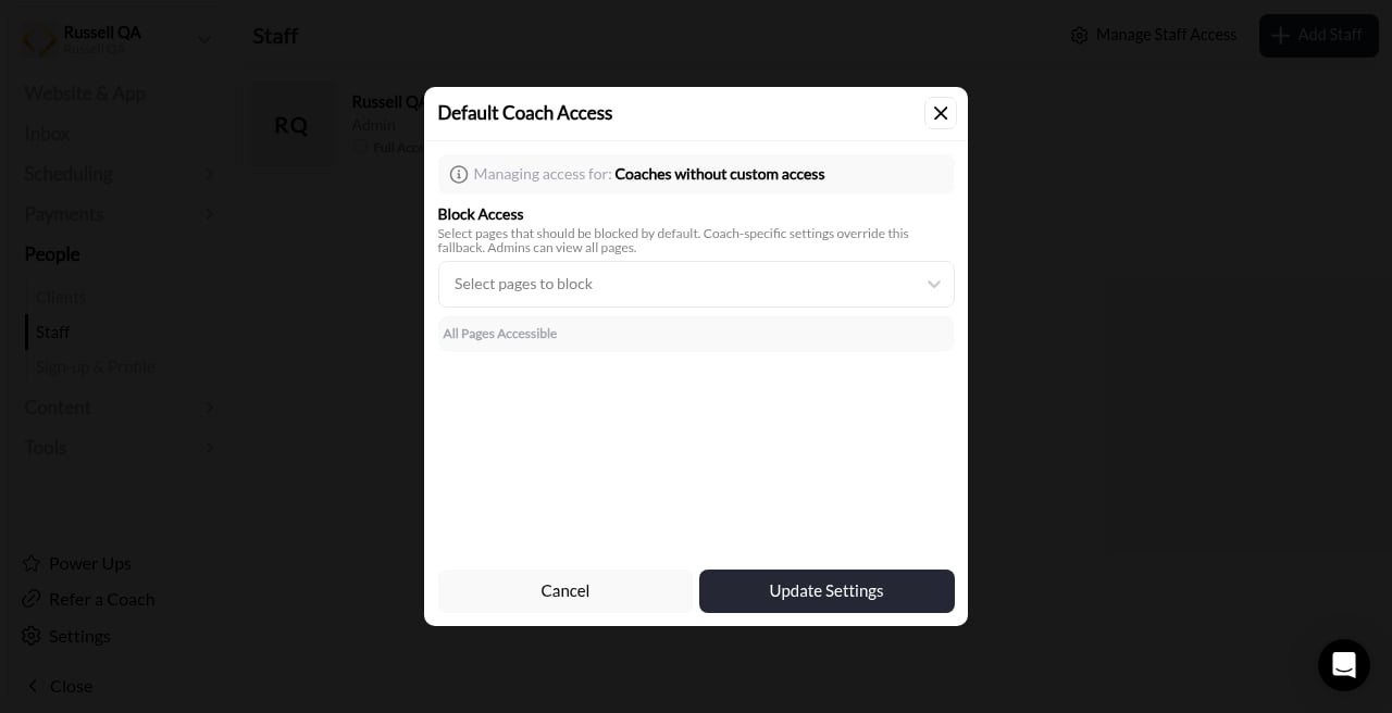 Default Coach Access: Coaches without custom access, Block Access