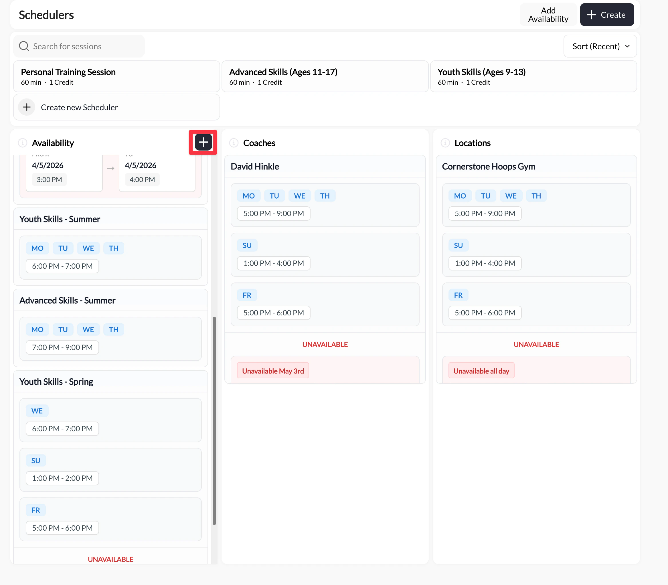 The Availability editor showing Youth Skills - Summer with Monday through Thursday checked at 6:00 PM to 7:00 PM, with the CoachIQ Copilot panel and Preview calendar on the right