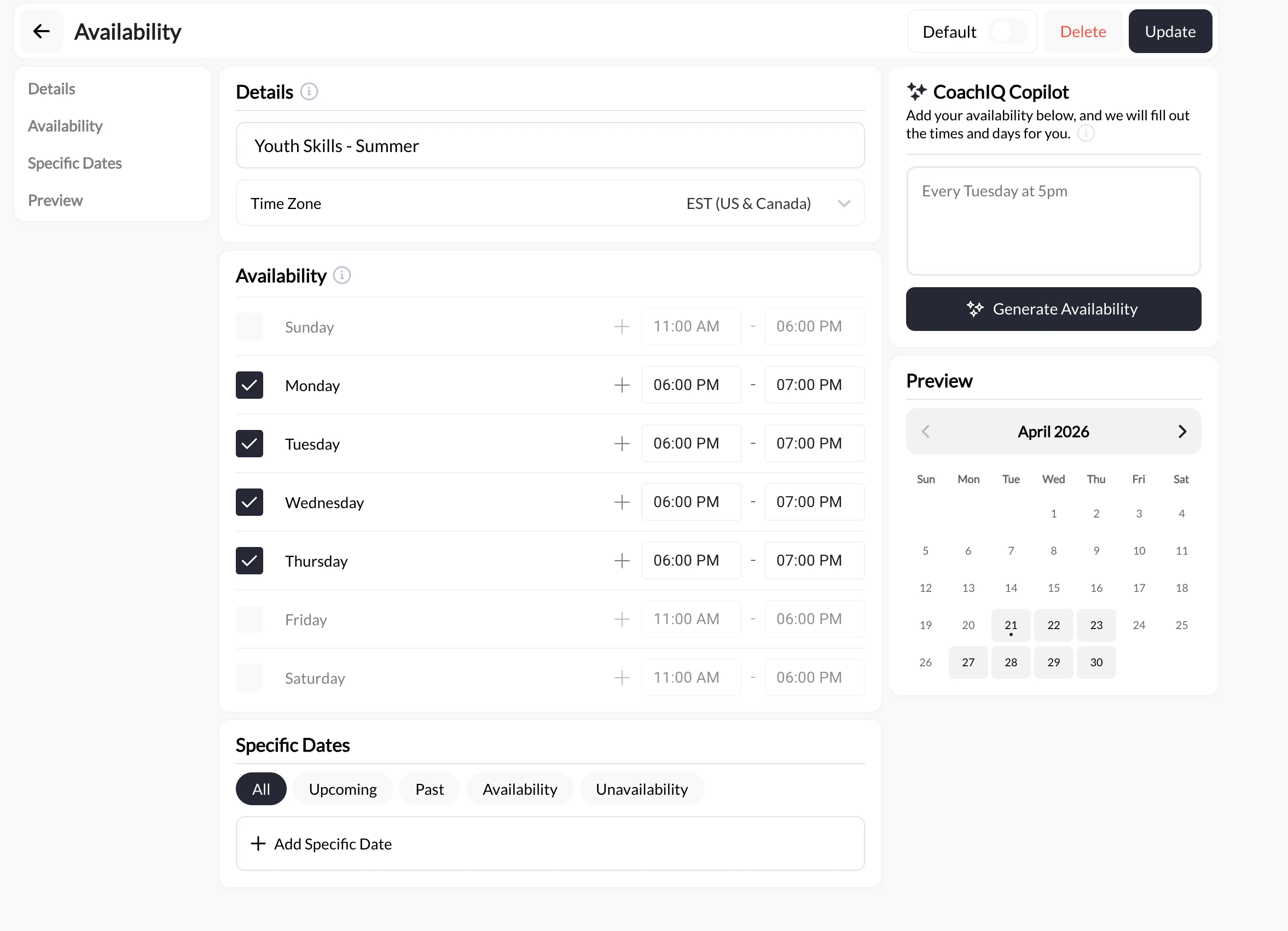 The Schedulers page showing the Availability panel with existing availabilities listed and the + button highlighted to add a new one