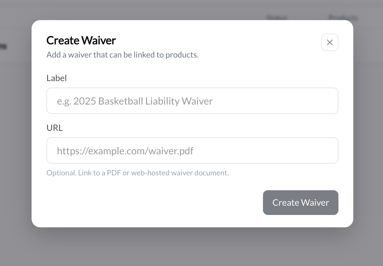 Form builder showing the Waiver component option in the General section
