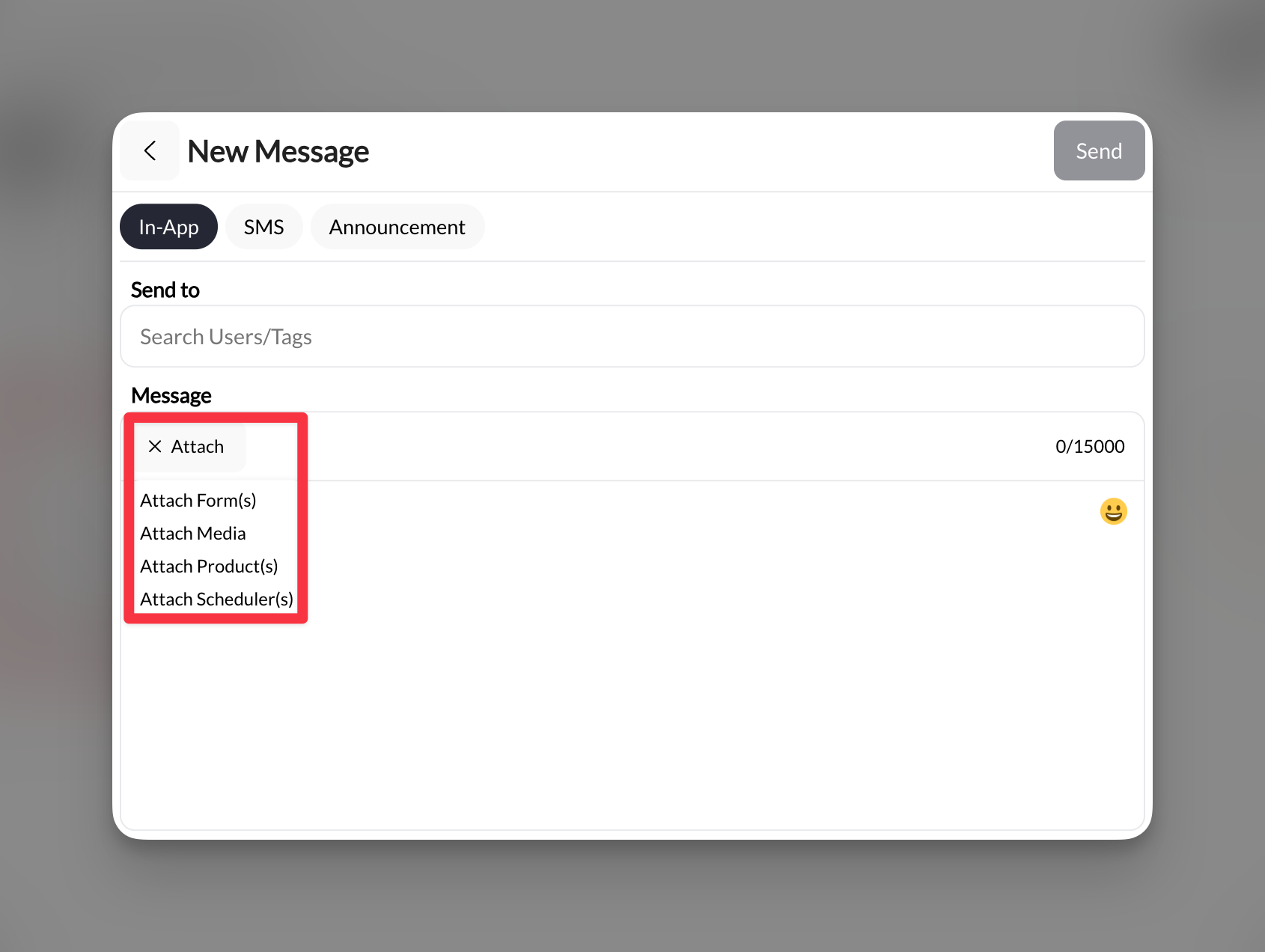 CoachIQ message composer showing attachment options for forms, media, products, and sessions