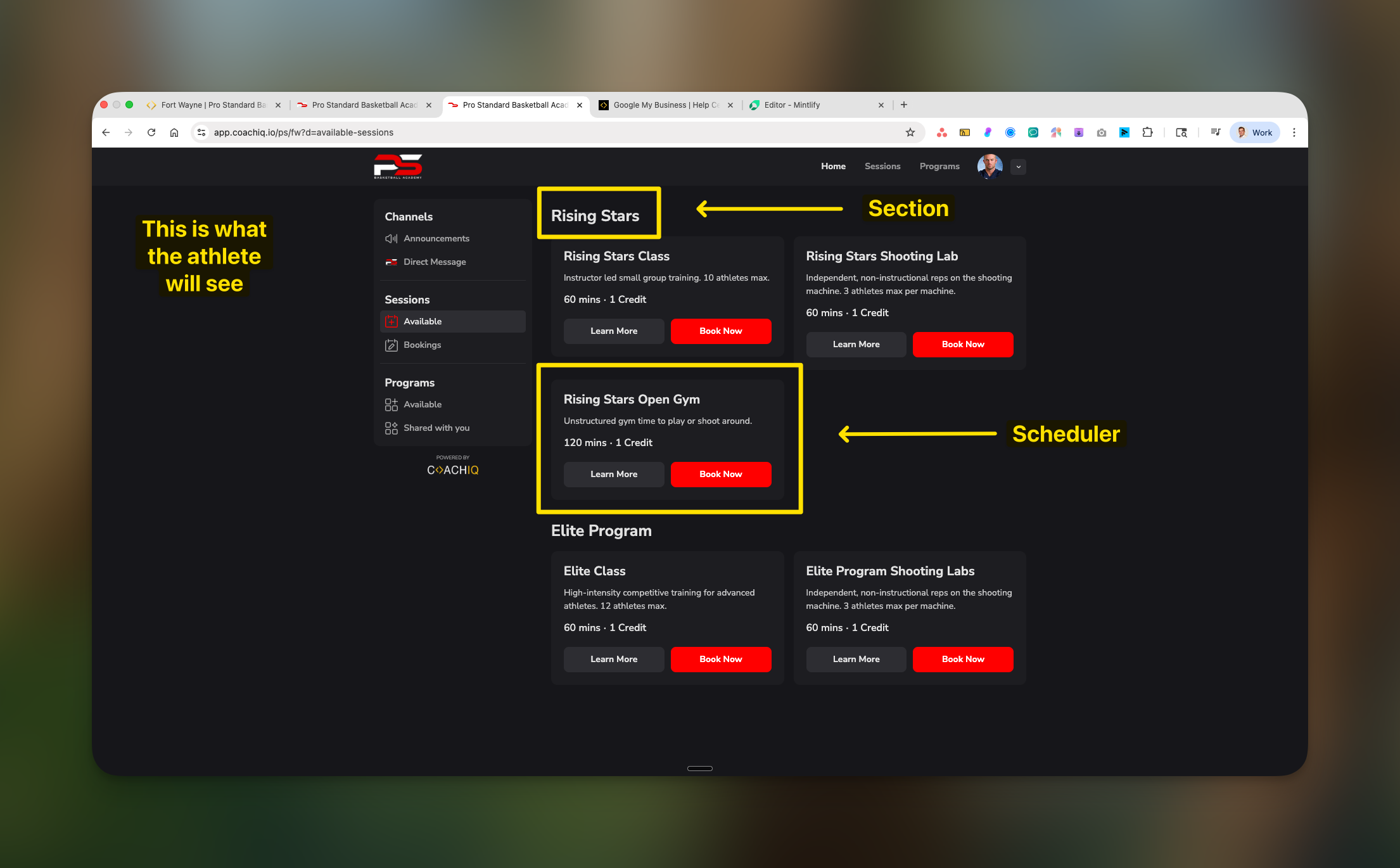 Athlete schedule view showing sessions with credit costs