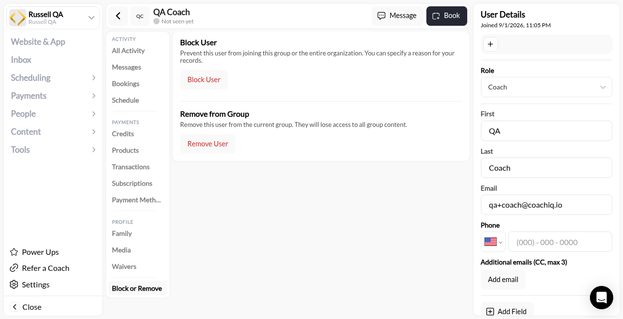 Coach profile Block or Remove: Block User and Remove from Group