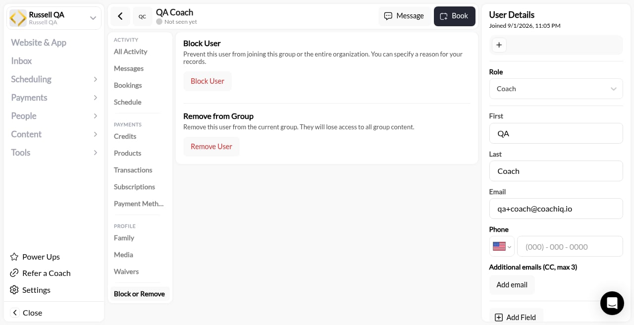 Coach profile Block or Remove: Block User and Remove from Group