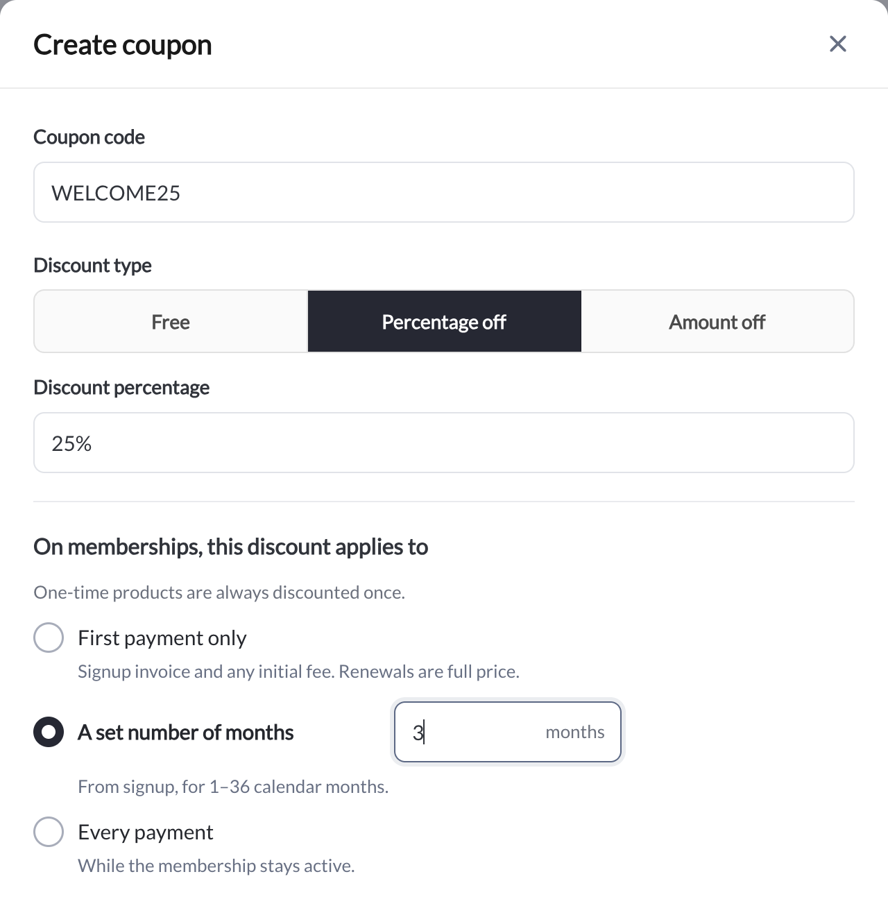 Create coupon with Percentage off selected, 25 percent discount, and a three-month membership duration