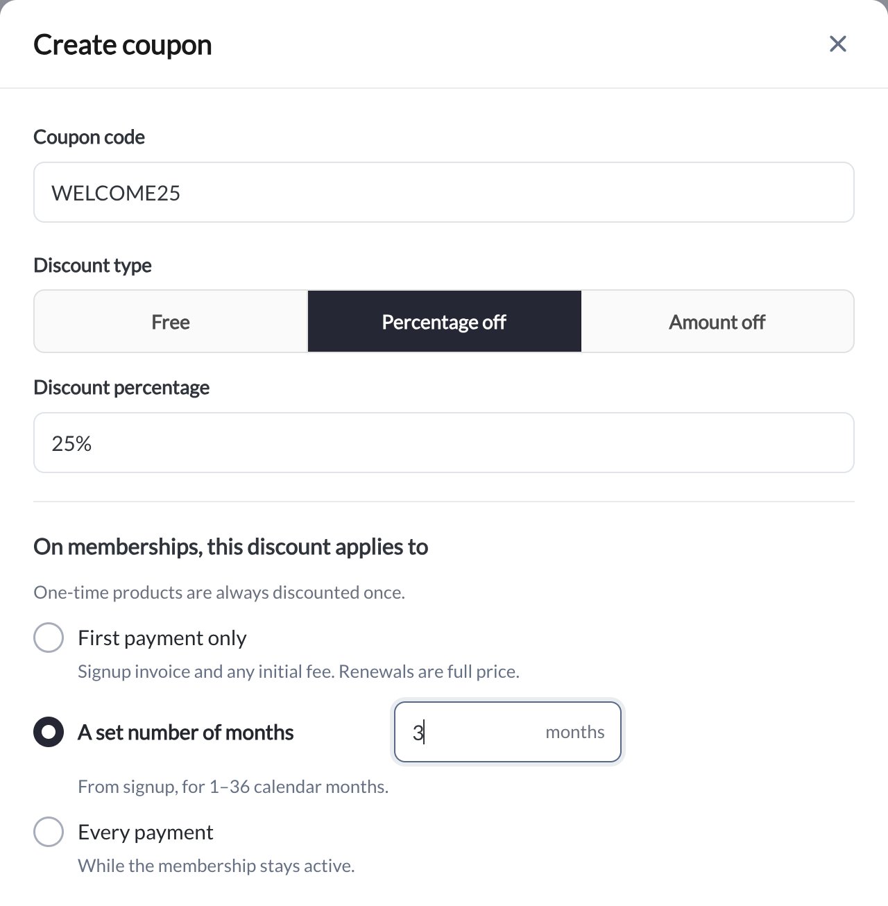 Create coupon with Percentage off selected, 25 percent discount, and a three-month membership duration