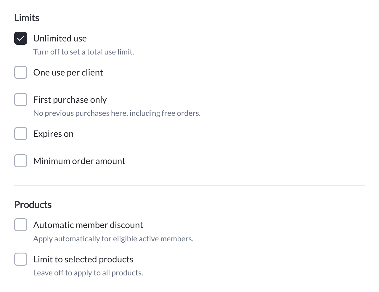New coupon builder showing use limits, expiry, minimum order, automatic member discount and product restrictions